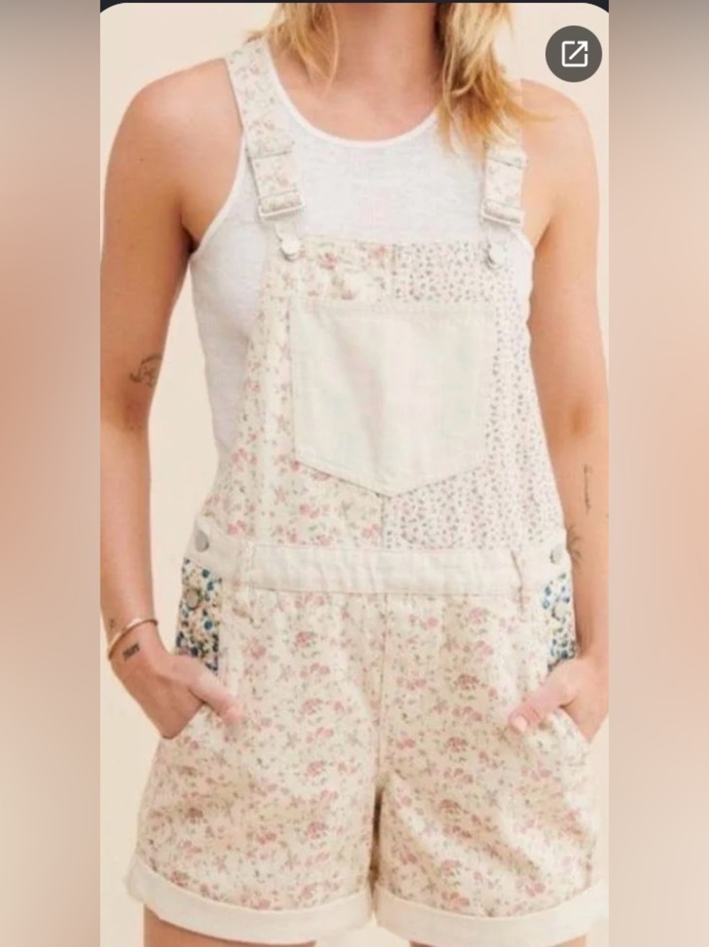 Cream Floral Women's Short Overalls Blank NYC Free People vintage feel